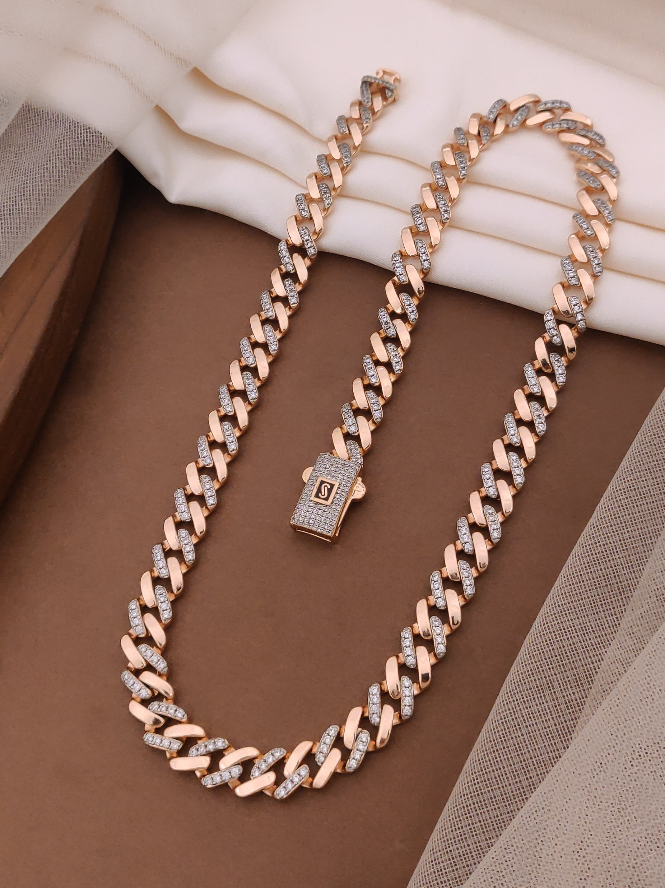 Sterling Rose Gold Medium size Diamond Cuban Chain for Men