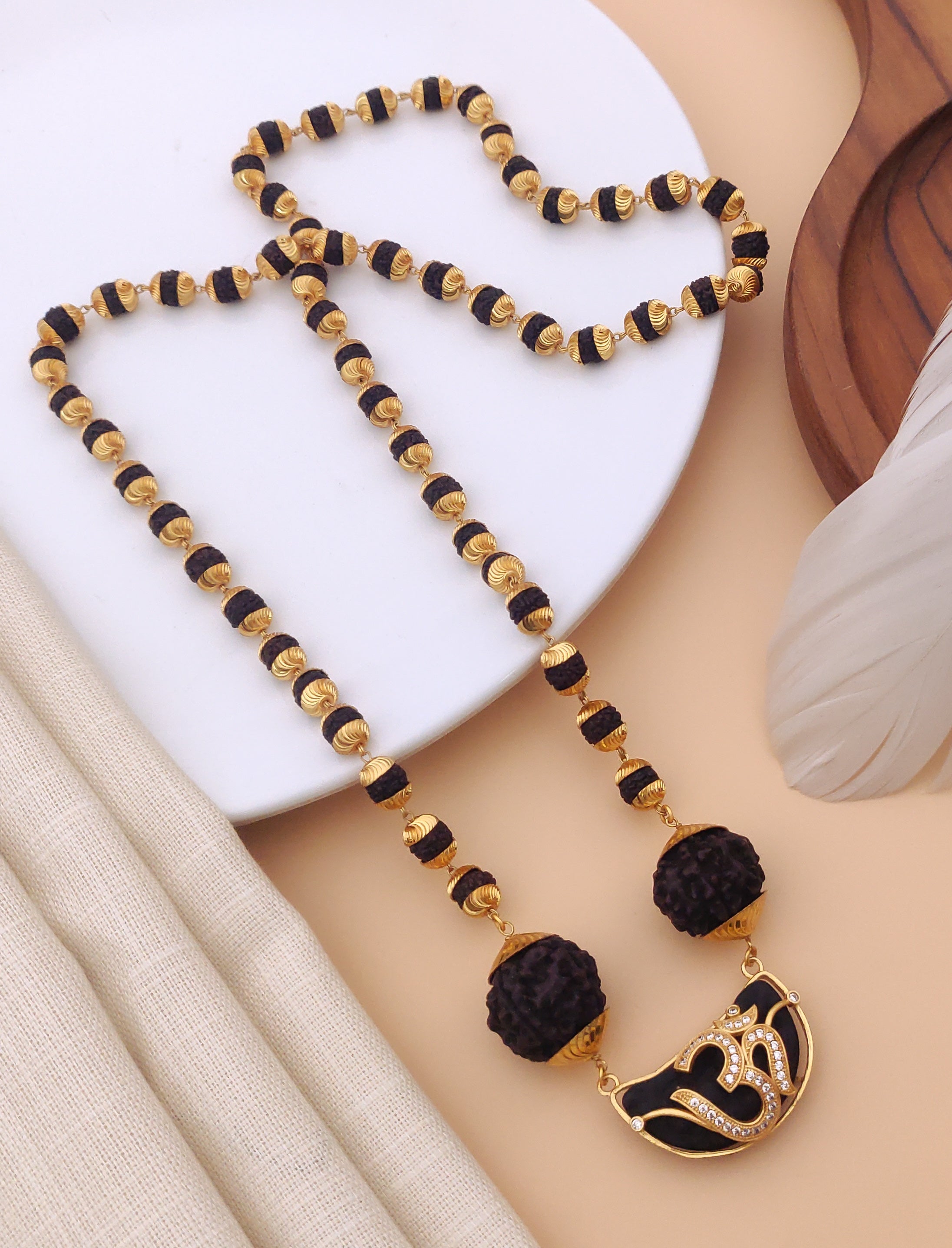 Om Rudrax with two Big Rudrax Brass High Gold A.D. Rudraksh Mala