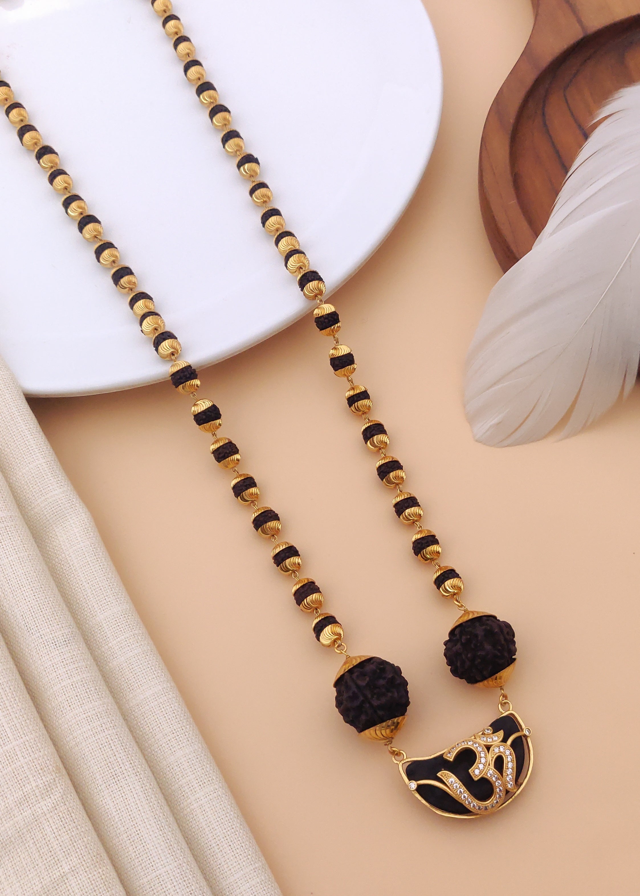 Om Rudrax with two Big Rudrax Brass High Gold A.D. Rudraksh Mala