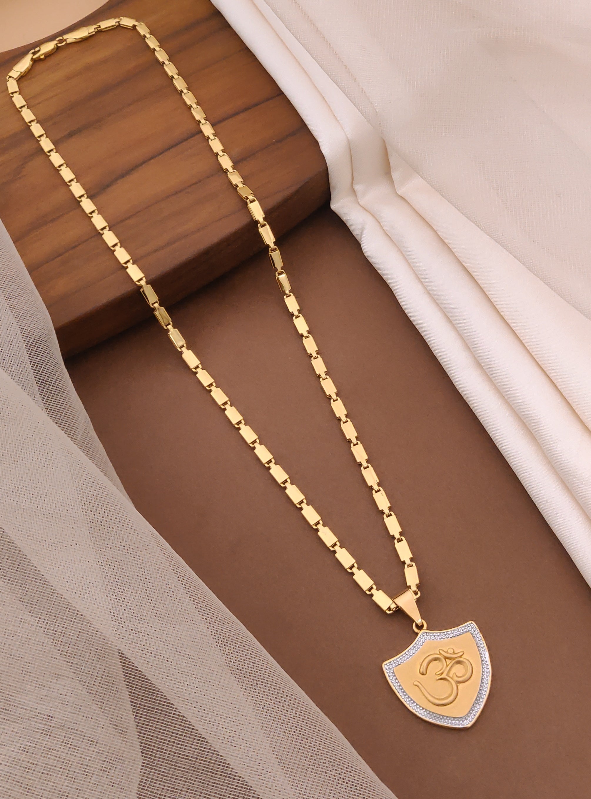 Triangular Om Design Gold Plated Pendant With chain Anti Tarnish & Waterproof Chain For Men
