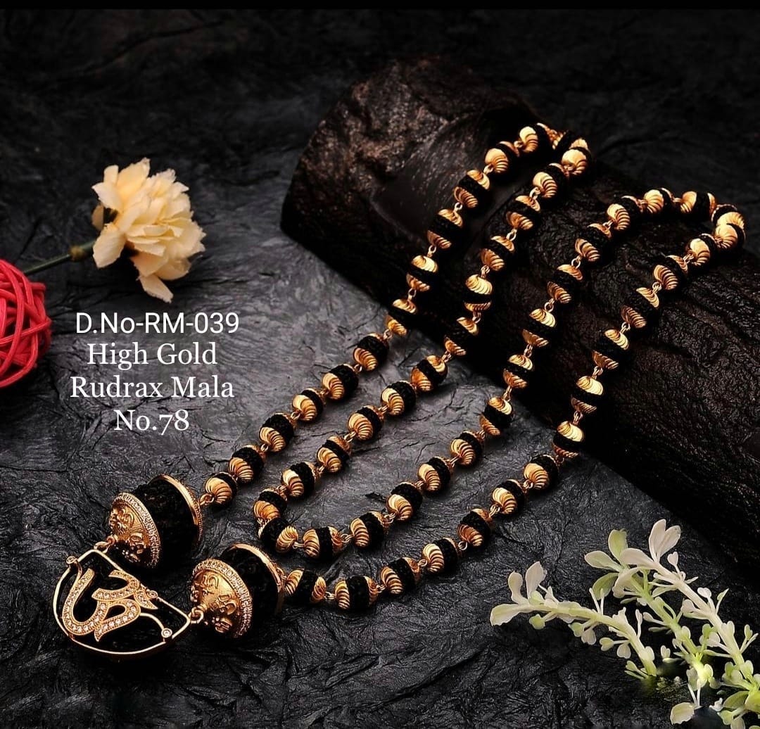 Om Rudrax with two Big Rudrax Brass High Gold A.D. Rudraksh Mala