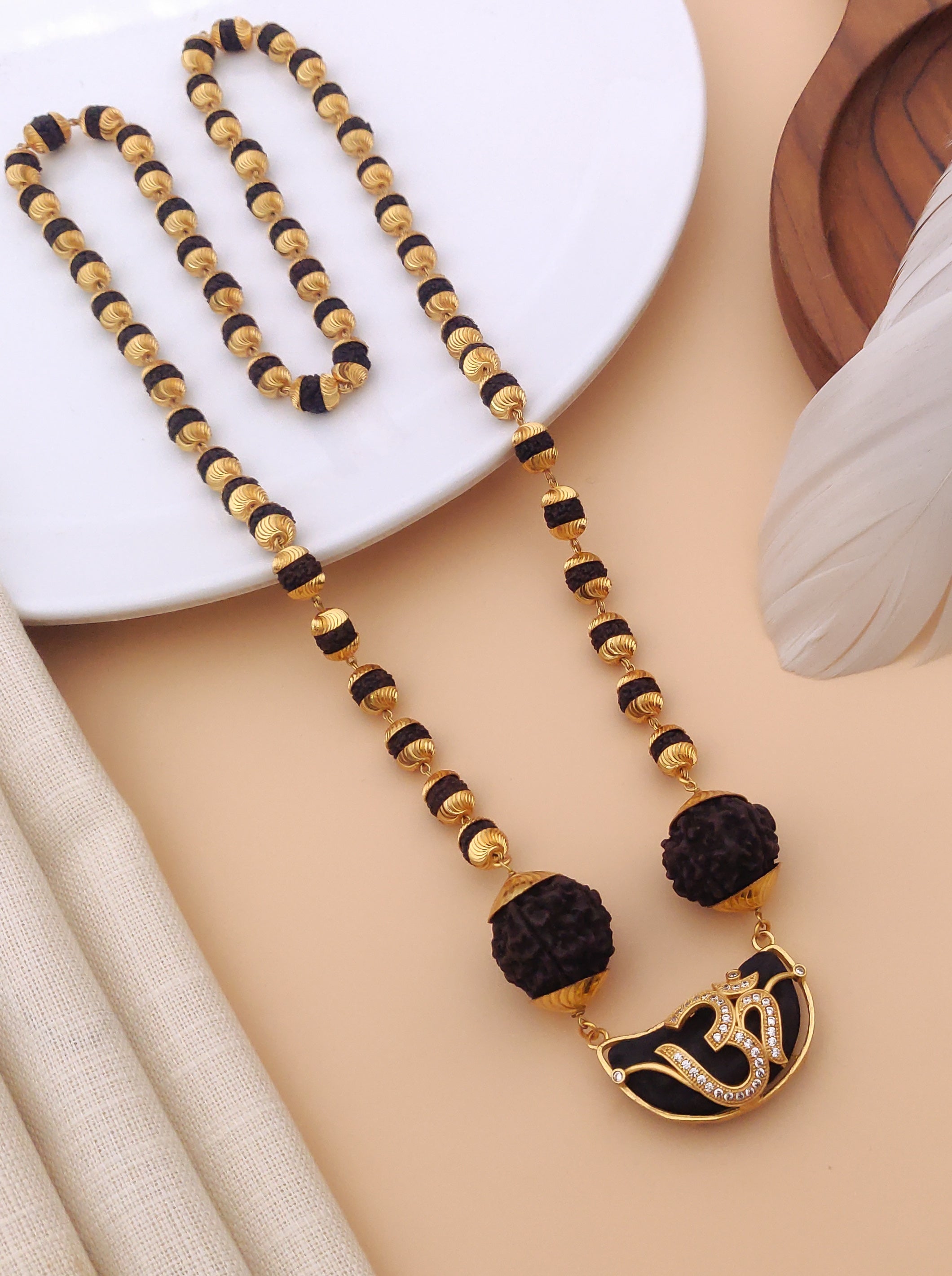 Om Rudrax with two Big Rudrax Brass High Gold A.D. Rudraksh Mala
